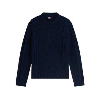 Tommy Jeans Flag Cable Knit Jumper - Heren - Ronde hals truien - Blauw - S - Katoen - Truien & Vesten