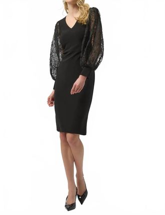 Joseph Ribkoff V-Neckline Long Mesh Puff Sleeves Sheath Dress In Black