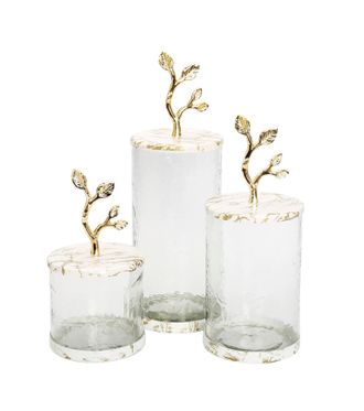 Classic Touch Short Glass Canister with White/Gold Marble Lid and Leaf Handle