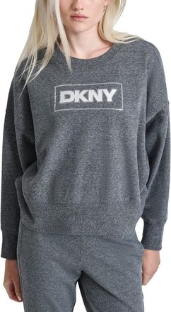 DKNY Dkny Sport Sweatshirt Womens Black Heather Fleece Rhinestone Crew Neck FTS416