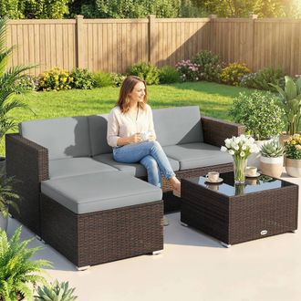 OUTSUNNY Garden Furniture Set w/ Padded Cushions Corner Sofa Set, Light Grey in Brown