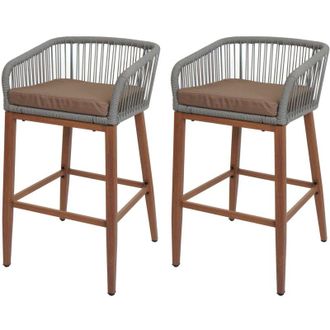 Hhg [nunca Usado] Juego De 2 Taburetes De Bar De Cuerda Hhg-110, Asiento De Exterior De Cuerda De Metal Imitaci&oacute;n Madera, Gris Claro, Coj&iacute;n Topo