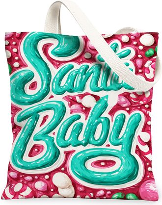 Generic Christmas Candy Canvas Tote Bags, Sweet Treats Pattern Reusable Grocery Bags, Holiday Lightweight Washable Shoulder Canvas, Peach, 13x15 Inch