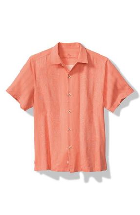 Tommy Bahama Maui Border Silk Short Sleeve Button-Up Shirt in Bright Peach at Nordstrom, Size Small