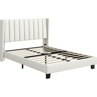 Yaheetech Yaheetech - Letto Imbottito Matrimoniale Testiera a Strisce con Rete a Doghe in Legno e Metallo Beige 140 x 200 cm