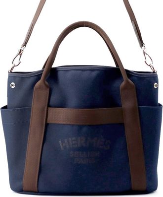 Herm&egrave;s Feu Navy Toile Chevron Canvas Shoulder Bag Tote Bag (Pre-Owned)