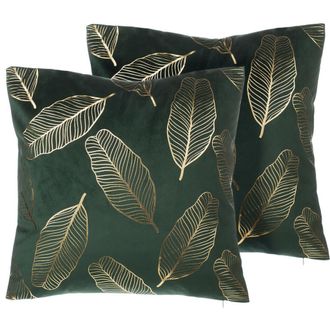 Beliani Beliani - Conjunto De Cojines Decorativos En Terciopelo Verde Con Patr&oacute;n De Hoja 45 X 45 Cm Accesorio De Casa Moderno L&aacute;mina Dorada Freesia