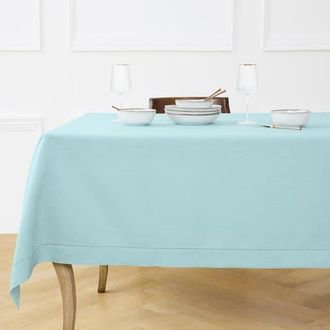 Solino Home Linen Tablecloth for Dining Table, Holiday and Everyday Dining Table Decor - Classic Hemstitch in Aqua Blue at Nordstrom, Size 3X-Large