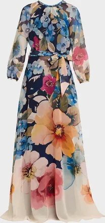 Teri Jon Floral-Print Chiffon Gown