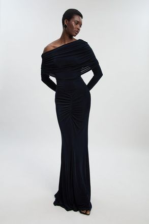Karen Millen Womens Drapey Crepe Off The Shoulder Ruched Detail Fishtail Maxi Dress - Navy Elastane - Size X-Small