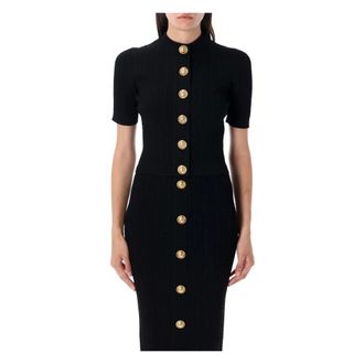 Balmain Cardigans, female, Black, Size: XS Ribbed Cable-Knit Cardigan Noir Aw25