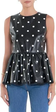 English Factory Polka Dot Peplum Sleeveless Faux Leather Top in Black/white at Nordstrom Rack, Size X-Small