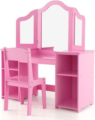 Costway Kids Vanity Table and Chair Set 2-in-1 Princess Makeup Vanity Set-Pink