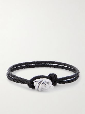 Bottega Veneta Bracciale In Argento E Cordoncino In Pelle Con Motivo Intrecciato - Marrone