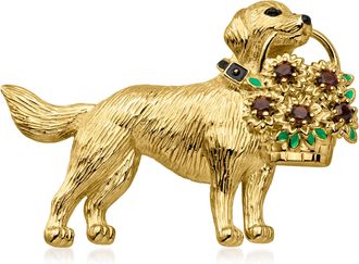 Ross-Simons Smoky Quartz Golden Retriever and Flower Basket Pin With Enamel in 18kt Gold Over Sterling