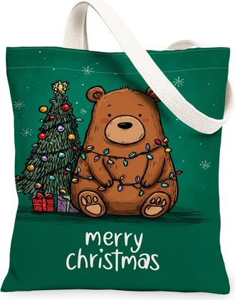 Generic Christmas Bear Canvas Tote Bags, Cute Animal Holiday Design Reusable Grocery Bags, Lightweight Washable Shoulder Strap Canv, Green, 13x15 Inch