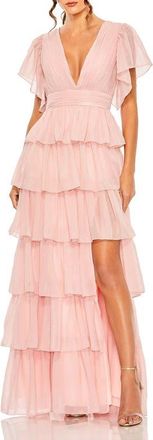 Mac Duggal Womens Flutter Sleeve Tiered Ruffle Chiffon Gown in Petal Pink at Nordstrom, Size 18