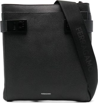 Ferragamo Gancini-lock leather messenger bag - men - Calf Leather - One Size - Black