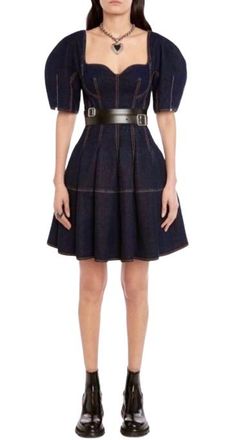 Alexander McQueen Denim Sweetheart Neckline Mini Dress Size XL