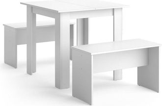 Vicco Set de mesa de comedor Sentio, Blanco, 80 x 80 cm con 2 bancos