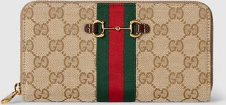 Gucci Horsebit Web Zip Around Wallet, Beige, GG Canvas