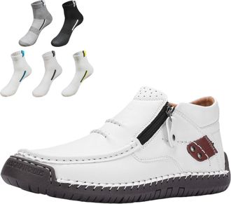 Generic Mens Handmade Premium Leather Slip-On Driving Boots, Side Zipper Non-slip Wide Toe Flat Shoes, For Hiking,Walking,Travel (01,11.5)