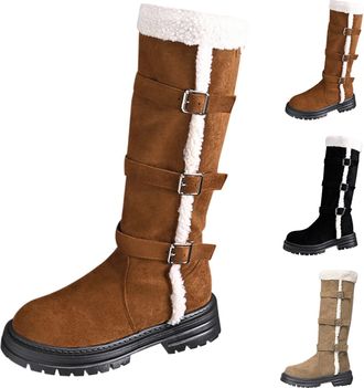 Generic Womens Suede Winter Snow Boots Faux Fur Lined Mid-Calf Boots with Adjustable Buckle Ladies Chunky Low Heel Platform Shoes Comfort Round Toe Walking Sh