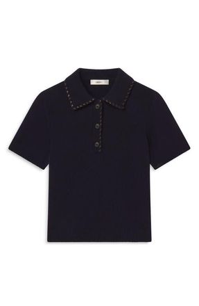 Frame Denim Leather Whipstitch Wool & Cashmere Sweater in Navy at Nordstrom, Size X-Small