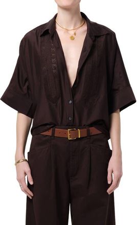 Citizens Of Humanity Claire Lace Inset Cotton & Silk Blend Button-Up Top in Chocolate Dark Brown at Nordstrom, Size X-Large