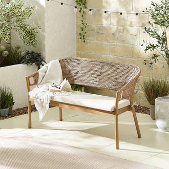 Furniturebox Asa Wood, Wicker & Cream 3 Seater Garden Bench in Natural