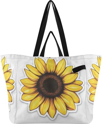 Generic Sunflower Blossom White print Reusable Canvas Tote Bag, Heavy Duty Grocery Shopping Bag with Double Handles Large Capacity Hard Bottom Work Groceries 