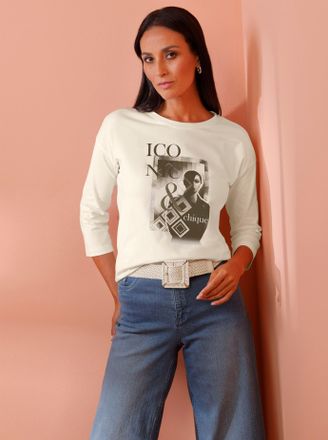 Heine 3/4-Arm-Shirt HEINE Shirt, Damen, Gr. 38, ecru, 95% Baumwolle, 5% Elasthan, gemustert, Rundhals, Shirts 3/4-Arm-Shirt