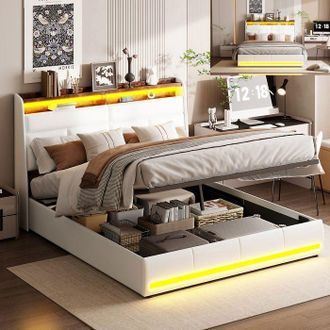 OEM Cama Lit 160x200 Cm Blanca Con Led Integrada, Somier De Lamas Y Apertura Hidr&aacute;ulica - Contempor&aacute;neo