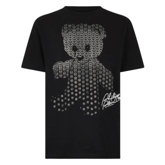 Philipp Plein Tops, Heren, Zwart, L, Katoen, T-shirt met ronde hals Teddy Strass Teddybeer