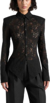 Mani&egrave;re De Voir Sila Wide Shoulder Lace Angled Shirt in Black at Nordstrom, Size 12