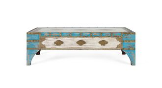 Giner&Colomer Mesa de centro de madera de mango azul y blanco envejecido