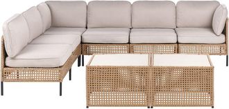 Beliani Garden Corner Sofa Light Beige PE Rattan Modular 6 Seater with Glass Coffee Table Metal Frame with Cushions Modern Style Garden Patio Terrace OMEGANA