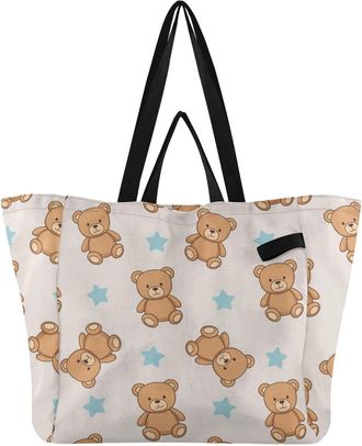 Generic Bear Stars Blue print Reusable Canvas Tote Bag, Heavy Duty Grocery Shopping Bag with Double Handles Large Capacity Hard Bottom Work Groceries Travel