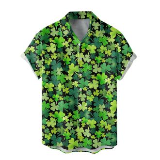 Generic St Patricks Day Hawaiian Shirts for Men Green Clover Shamrock Printed Button Down Shirts Short Sleeve Smart Casual Floral Linen Shirt Green Funny Iris