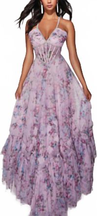 Alyce Paris Floral A-Line Dress With Pearl Accents In Pink Floral Print