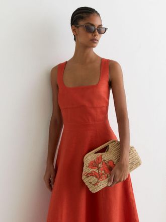 Reiss Natural Raffia-effect Embroidered Clutch Bag