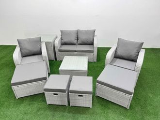 Fimous PE Rattan Love Sofa Reclining Chair Set with 4 Footstools Side Table in Light Grey