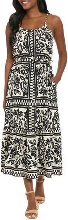 London Times Floral Beaded Strap Tiered Maxi Dress in Black/Beige at Nordstrom Rack, Size X-Large