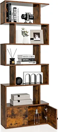 Costway Costway - Librer&iacute;a, Estanter&iacute;a En Forma De S De 6 Niveles Con Puertas, Estantes Decorativos De Madera Para Sal&oacute;n, Dormitorio, Oficina, 70 X 23 X 183 C