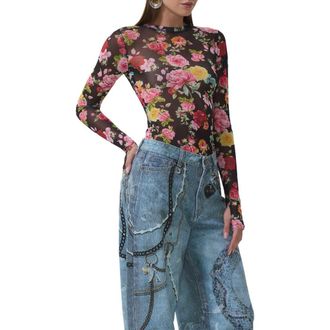AFRM Kaylee Floral Mesh Top in Spring Rose at Nordstrom, Size Xx-Small