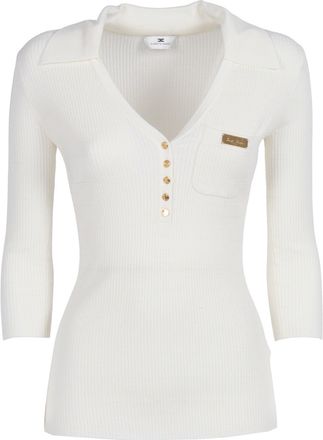 Elisabetta Franchi Tricot Ribbed Gold Button Top