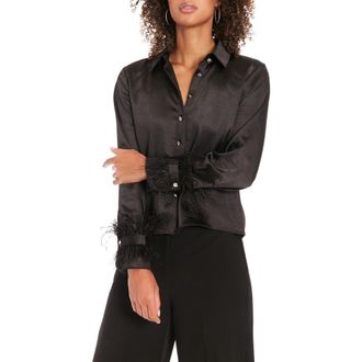 Muse Feather Trim Satin Button-Up Shirt in Black at Nordstrom Rack, Size 16