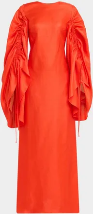 Christopher John Rogers Ruched Shell-Sleeve Bow Backless Maxi Dress
