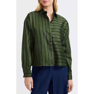 Foxcroft Marina Stripe Cotton Button-Up Shirt in Basil Green/Black at Nordstrom, Size X-Large