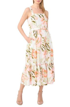 CeCe by Cynthia Steffe Floral Print Smocked Back Sleeveless Midi Dress in New Ivory at Nordstrom, Size 10